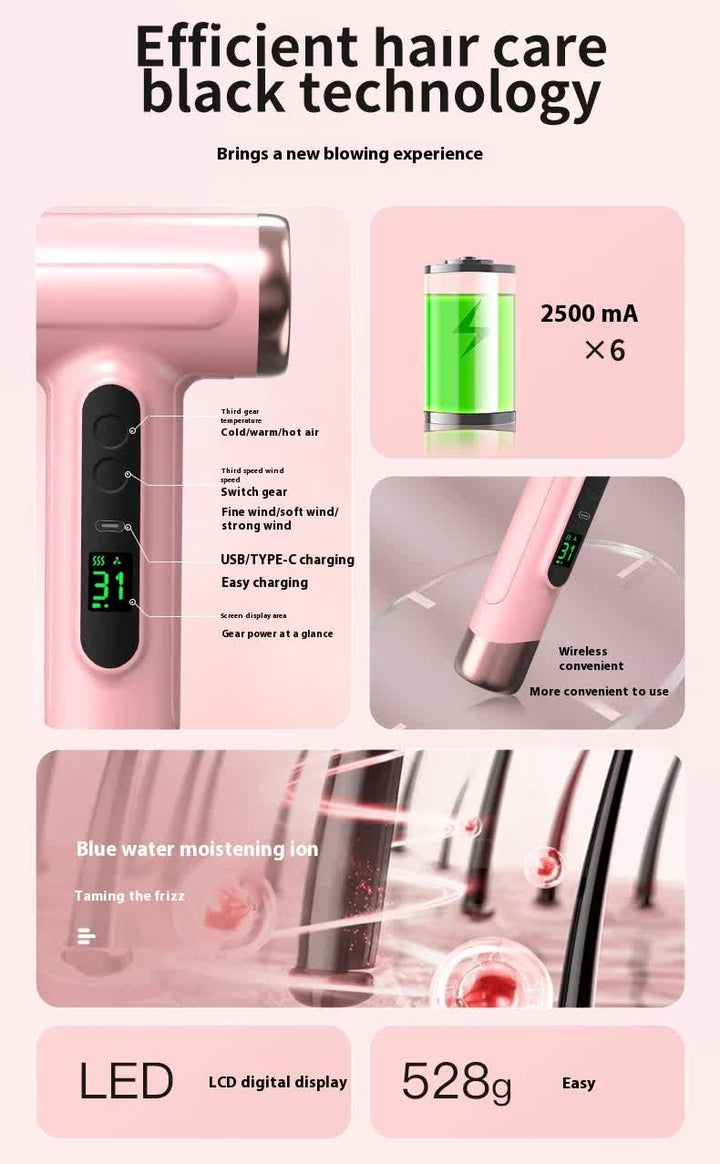 Pink wireless Hair Dryer with Cold & Hot Air, Portable Large-Capacity Rechargeable Ionic Dryer, Fast-Drying, Lightweight and Compact for Home and Travel