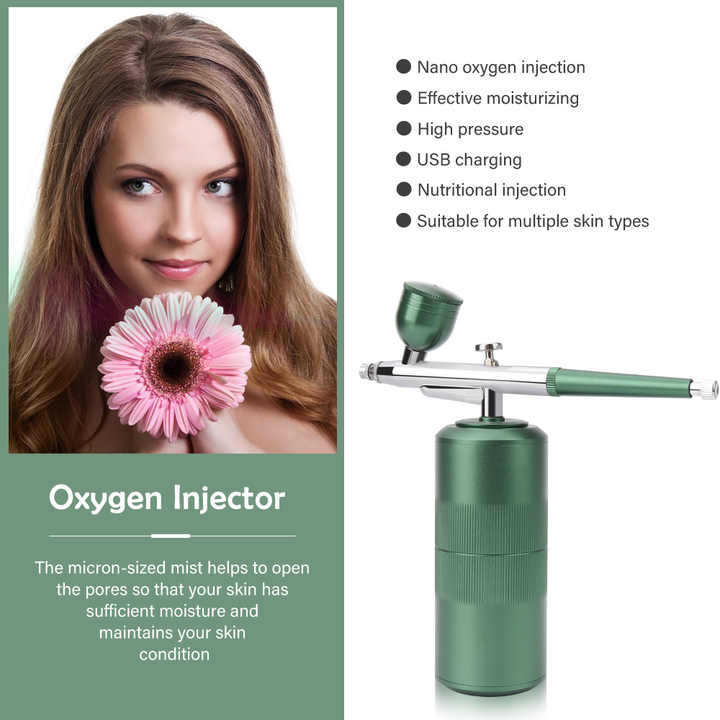 Green Portable Oxygen Infusion Nano Spray Facial Beauty Instrument - High Pressure Needle-Free Skin Care Mist Sprayer