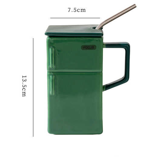 Green Creative Retro Refrigerator Ceramic Mug with Lid and Straw – 550ml Coffee Cup – Unique Gift for Couples or Office Use