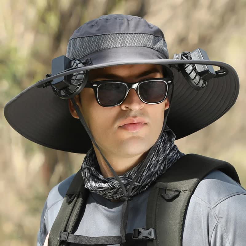 Dark Grey Solar-Powered Cooling Wide Brim Hat - USB Rechargeable Dual Fan Fisherman Cap - UPF50+ Sun Protection and Quick-Dry Design for Men and Women