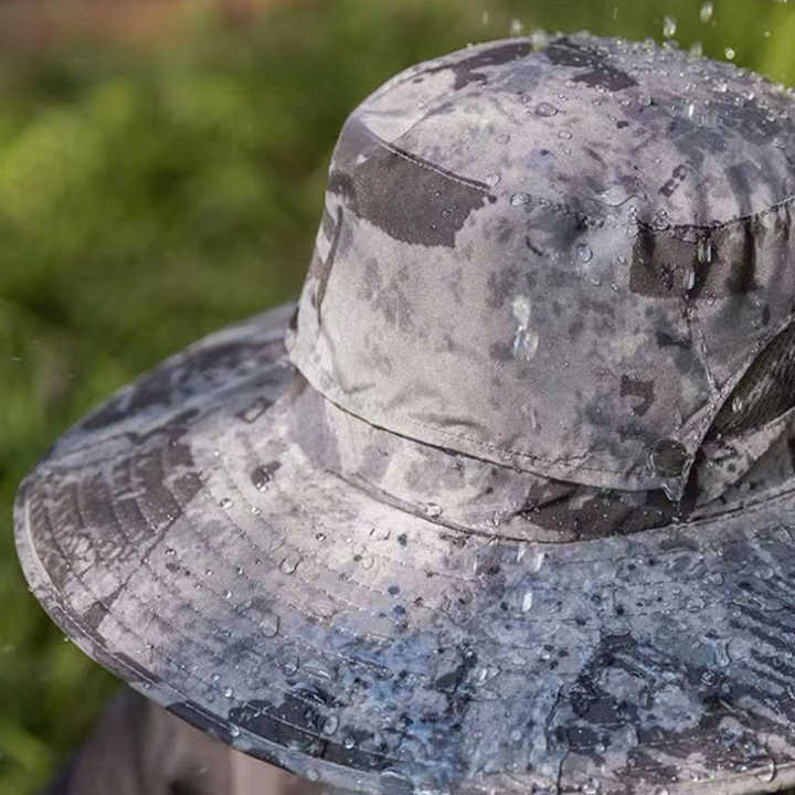 Gray Camouflage Solar-Powered Cooling Wide Brim Hat - USB Rechargeable Dual Fan Fisherman Cap - UPF50+ Sun Protection and Quick-Dry Design for Men and Women