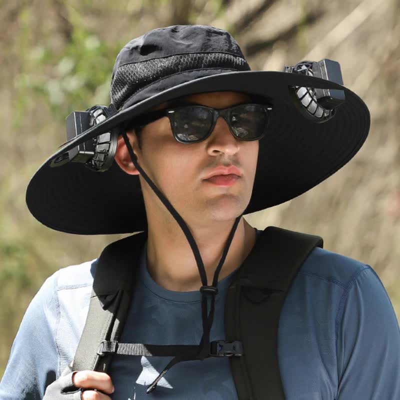 Black Solar-Powered Cooling Wide Brim Hat - USB Rechargeable Dual Fan Fisherman Cap - UPF50+ Sun Protection and Quick-Dry Design for Men and Women