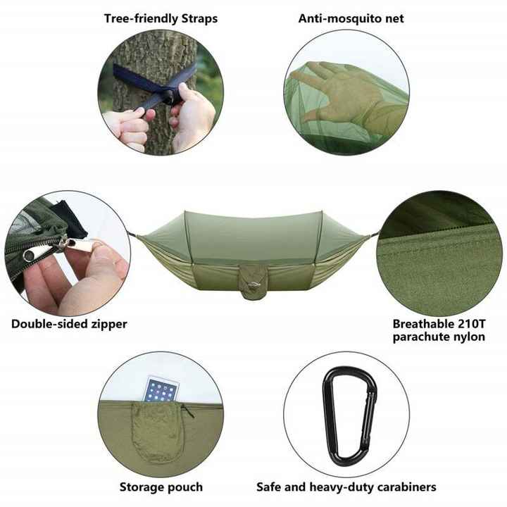 Orange And Grey Automatic Pop-Up Mosquito Net Hammock - 200kg Load Capacity, Lightweight Outdoor Camping Gear with Quick Setup and Durable Design