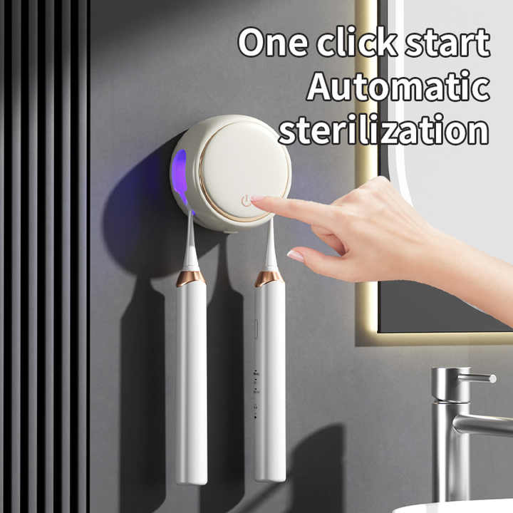 White Round UV-C Toothbrush Sterilizer Holder with Drying Function - Dual-Slot Wall-Mounted Design, USB Rechargeable, Compact and Portable