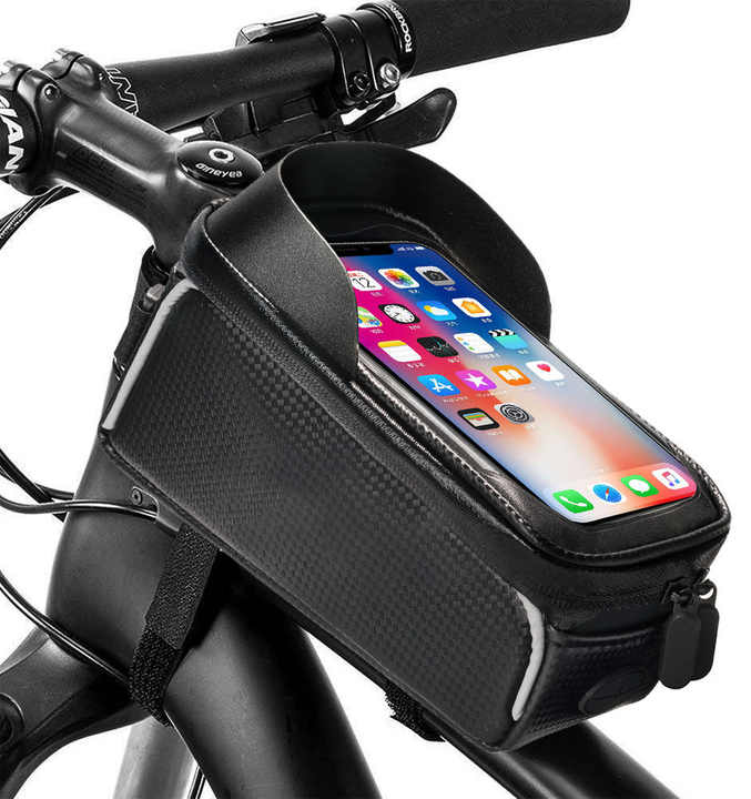 Waterproof Bicycle Phone Frame Bag with Sun Visor, TPU Touchscreen, and Storage Pockets for Road and Mountain Bikes