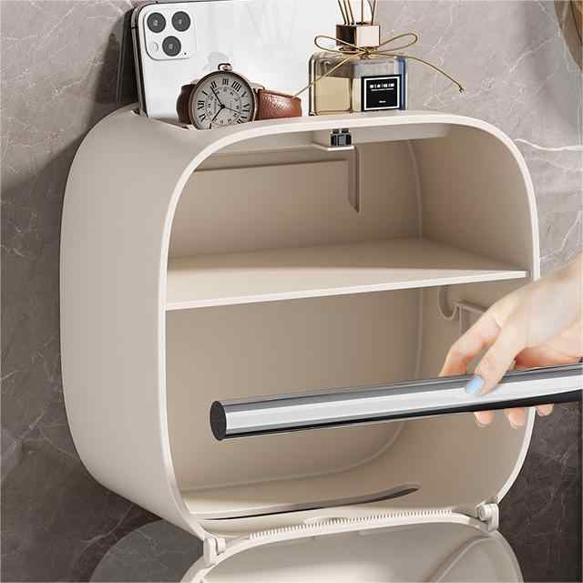 Light Khaki Wall-Mounted Bathroom Tissue Box - Waterproof Paper Towel Dispenser with Storage Shelf, No-Drill Design(Tissue Box Only)