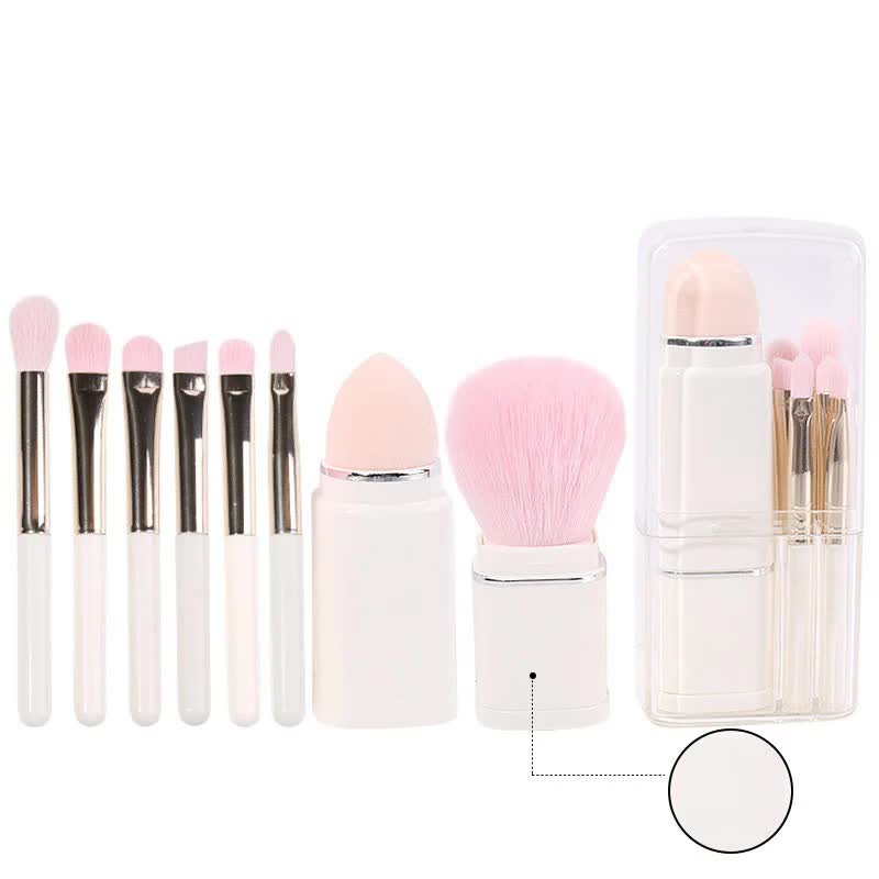 White 8-in-1 Retractable Mini Makeup Brush Set with Protective Cover – Compact Design for Travel and On-the-Go Touchups