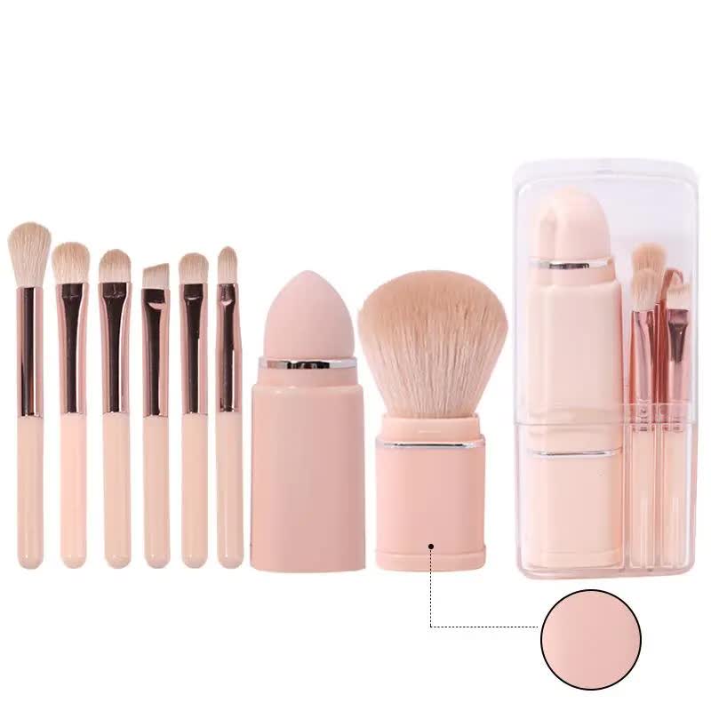 Pink 8-in-1 Retractable Mini Makeup Brush Set with Protective Cover - Compact Design for Travel and On-the-Go Touchups