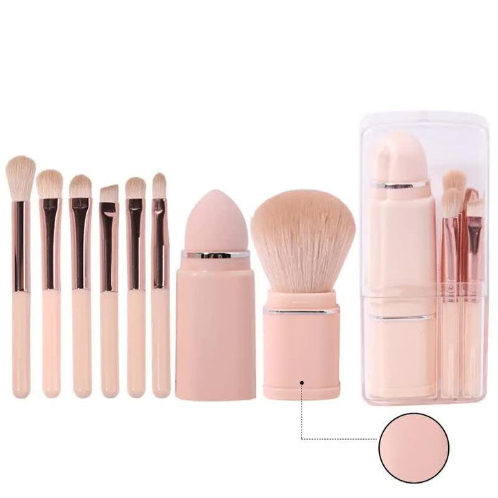 Pink 8-in-1 Retractable Mini Makeup Brush Set with Protective Cover - Compact Design for Travel and On-the-Go Touchups