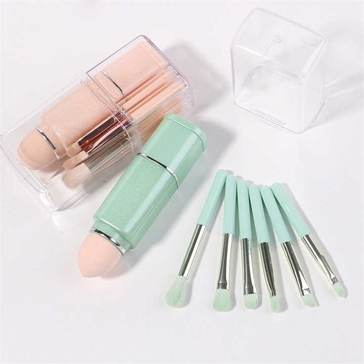 Pink 8-in-1 Retractable Mini Makeup Brush Set with Protective Cover - Compact Design for Travel and On-the-Go Touchups