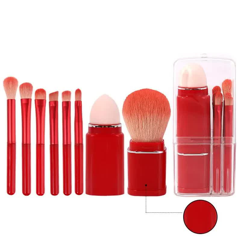 Red 8-in-1 Retractable Mini Makeup Brush Set with Protective Cover - Compact Design for Travel and On-the-Go Touchups