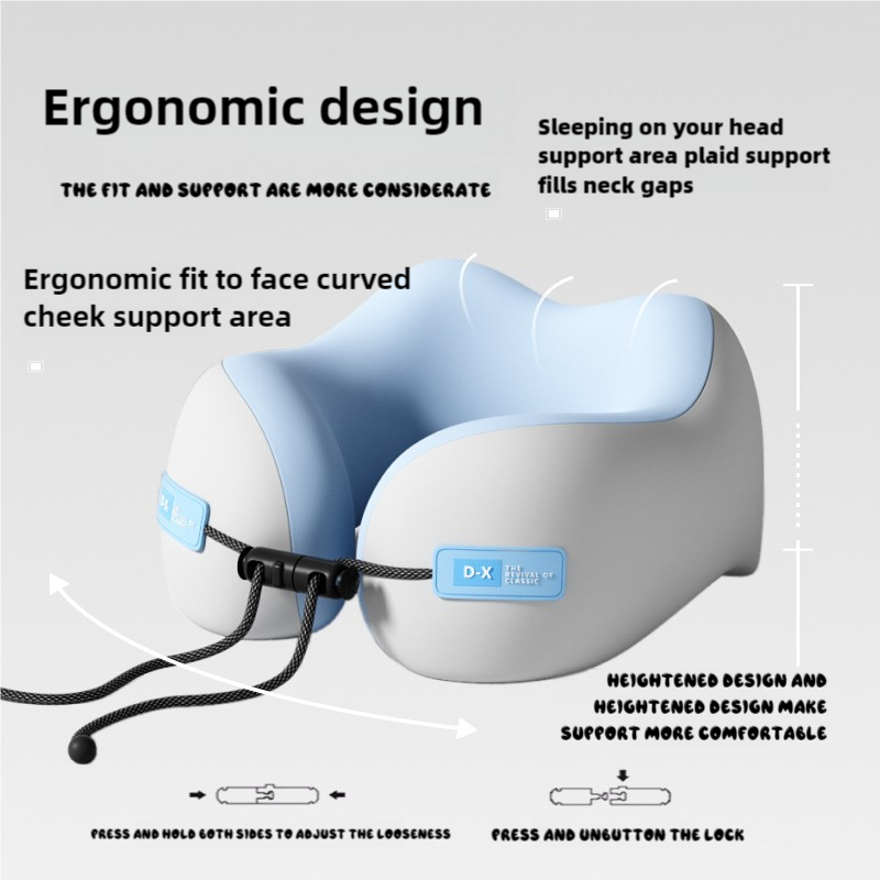 Blue And Grey Portable U-Shaped Memory Foam Travel Pillow – Ergonomic Neck Support for Airplane, Car, Office – Lightweight & Compact with Storage Box