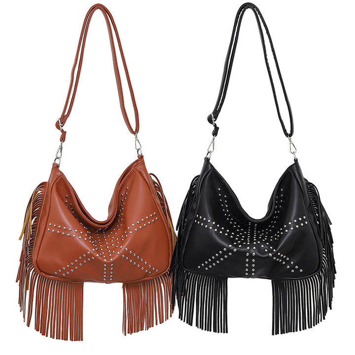 Black Trendy Rivet Fringe Shoulder Bag – Large Capacity Soft Leather Handbag for Women, Perfect for Travel and Leisure