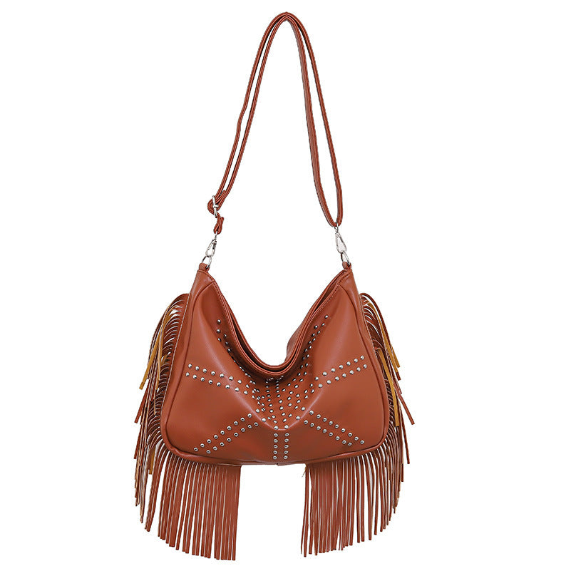 Brown Trendy Rivet Fringe Shoulder Bag - Large Capacity Soft Leather Handbag for Women, Perfect for Travel and Leisure