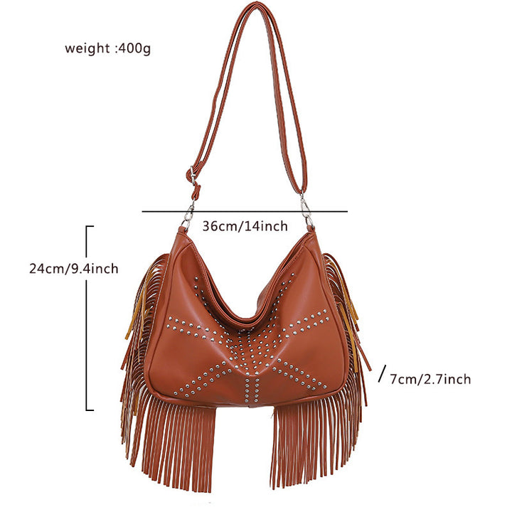 Brown Trendy Rivet Fringe Shoulder Bag - Large Capacity Soft Leather Handbag for Women, Perfect for Travel and Leisure