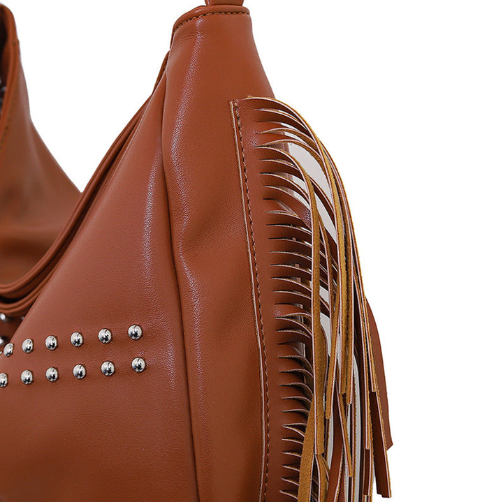 Brown Trendy Rivet Fringe Shoulder Bag - Large Capacity Soft Leather Handbag for Women, Perfect for Travel and Leisure