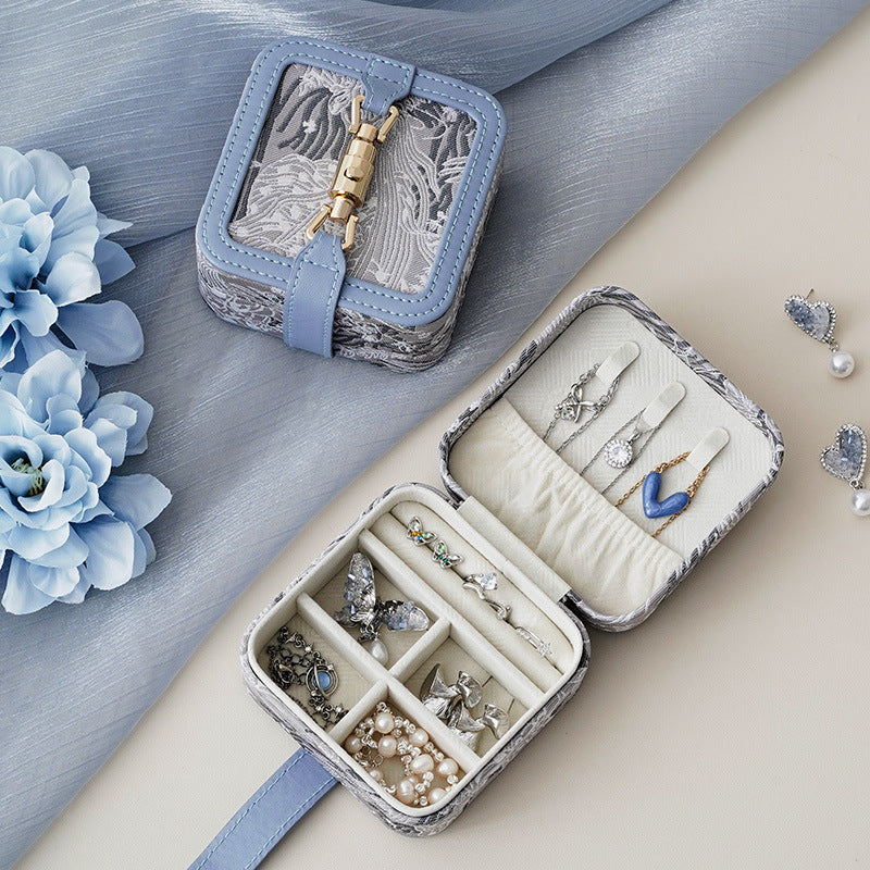 Blue Portable Vintage Embossed Jewelry Box - Flip-Top Necklace, Ring, and Earring Organizer with Elegant Design(The Jewelry is a prop for the photo shoot and is not included)