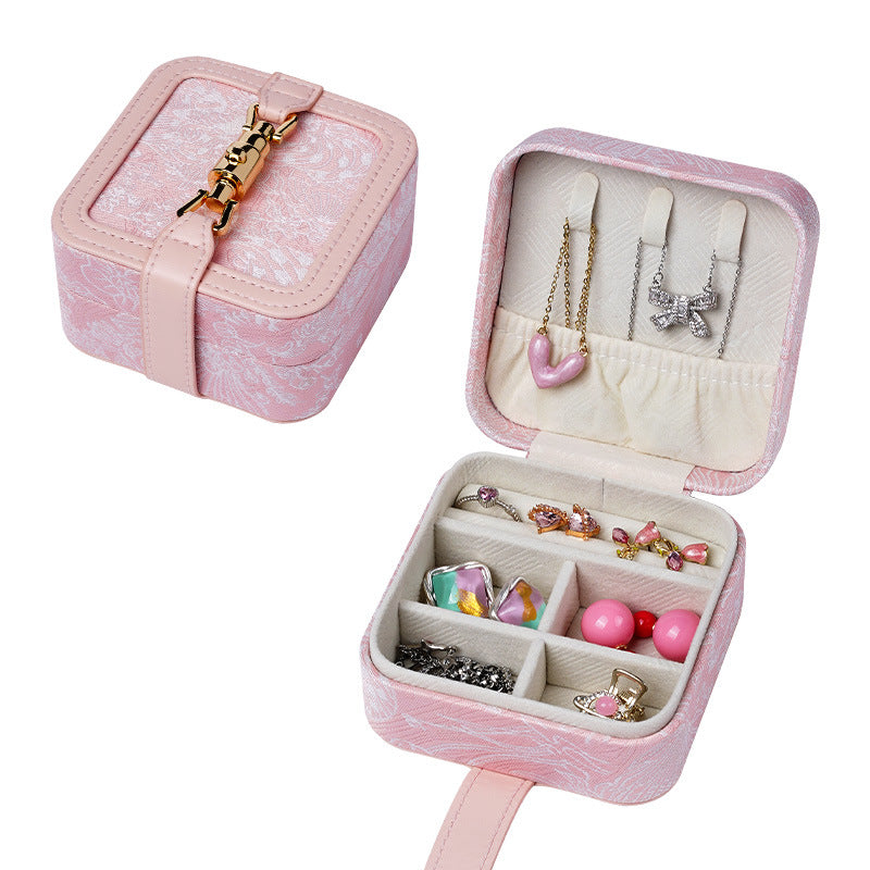 Pink Portable Vintage Embossed Jewelry Box - Flip-Top Necklace, Ring, and Earring Organizer with Elegant Design(The Jewelry is a prop for the photo shoot and is not included)