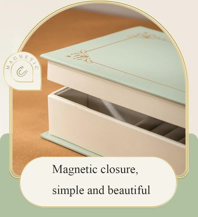 Light Green Creative PU Jewelry Storage Book - Magnetic Closure Organizer for Earrings, Rings, and Necklaces(The Jewelry is a prop for the photo shoot and is not included)