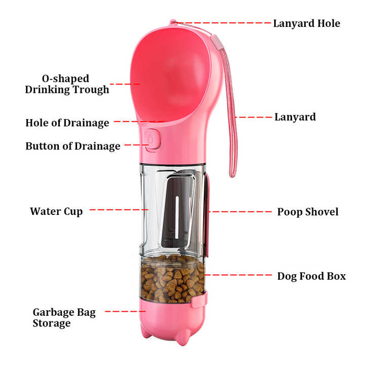 Pink 500ml Portable Pet Water Bottle | Multifunctional Travel Pet Feeder | Outdoor Dog Drinking Bottle with Waste Shovel