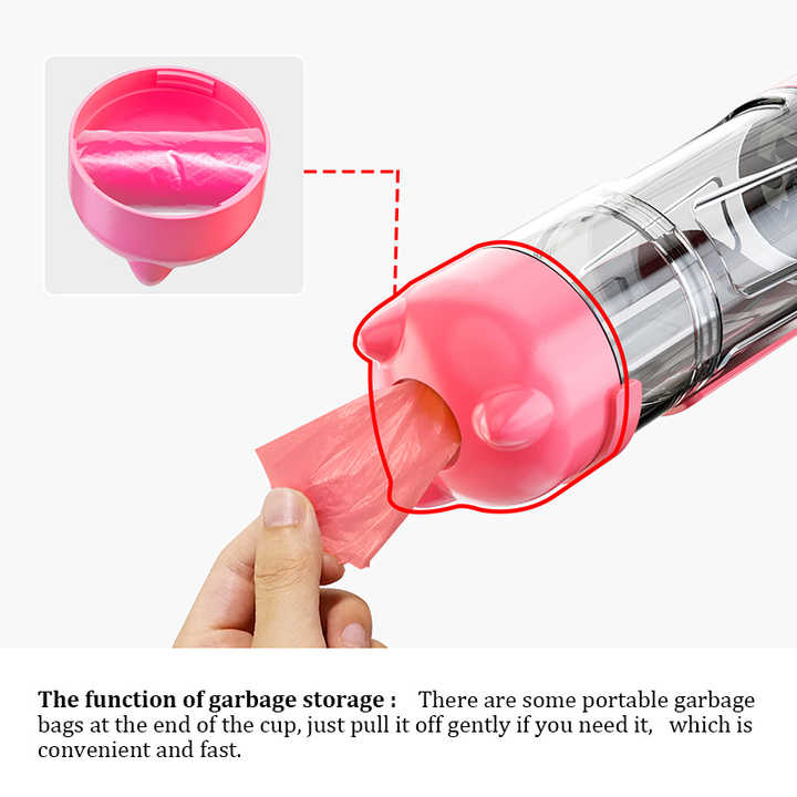 Pink 500ml Portable Pet Water Bottle | Multifunctional Travel Pet Feeder | Outdoor Dog Drinking Bottle with Waste Shovel