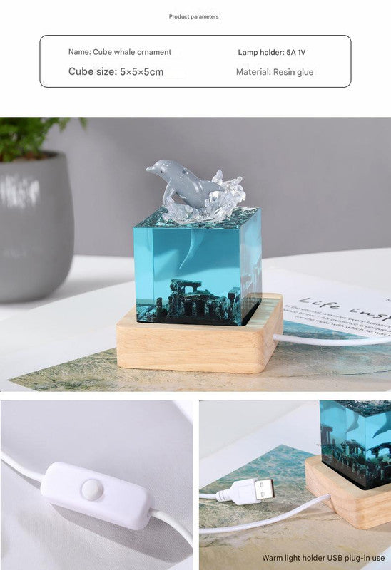 Blue Ancient Architecture Humpback Whale in the Water Handcrafted Ocean Resin Whale Night Light - Unique Home Decor Table Lamp