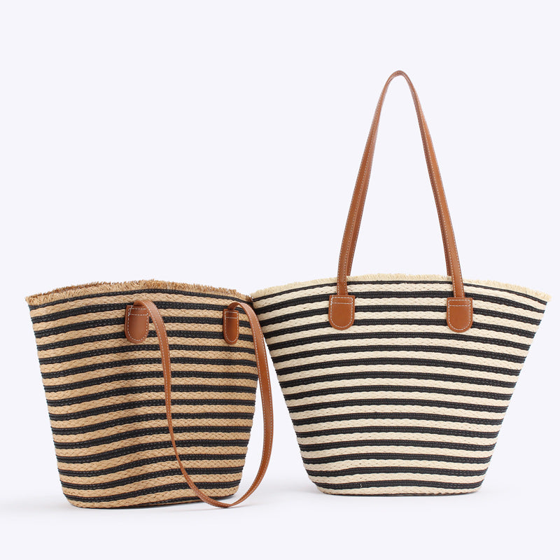 Black And White Stripes Handmade Large Capacity Striped Beach Tote Bag with Zipper and Inner Pocket - Summer Vacation Woven Shoulder Bag for Women