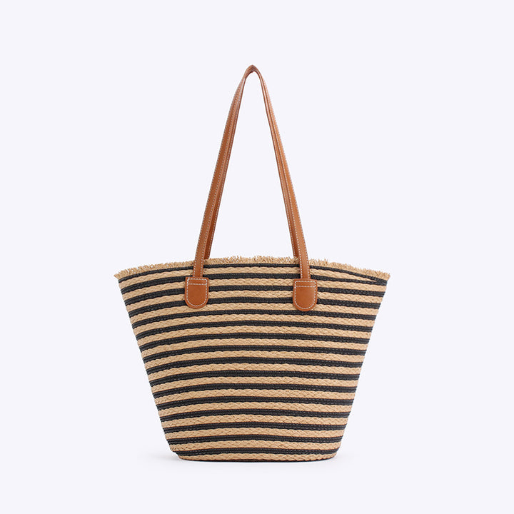 Black And Brown Stripes Handmade Large Capacity Striped Beach Tote Bag with Zipper and Inner Pocket - Summer Vacation Woven Shoulder Bag for Women