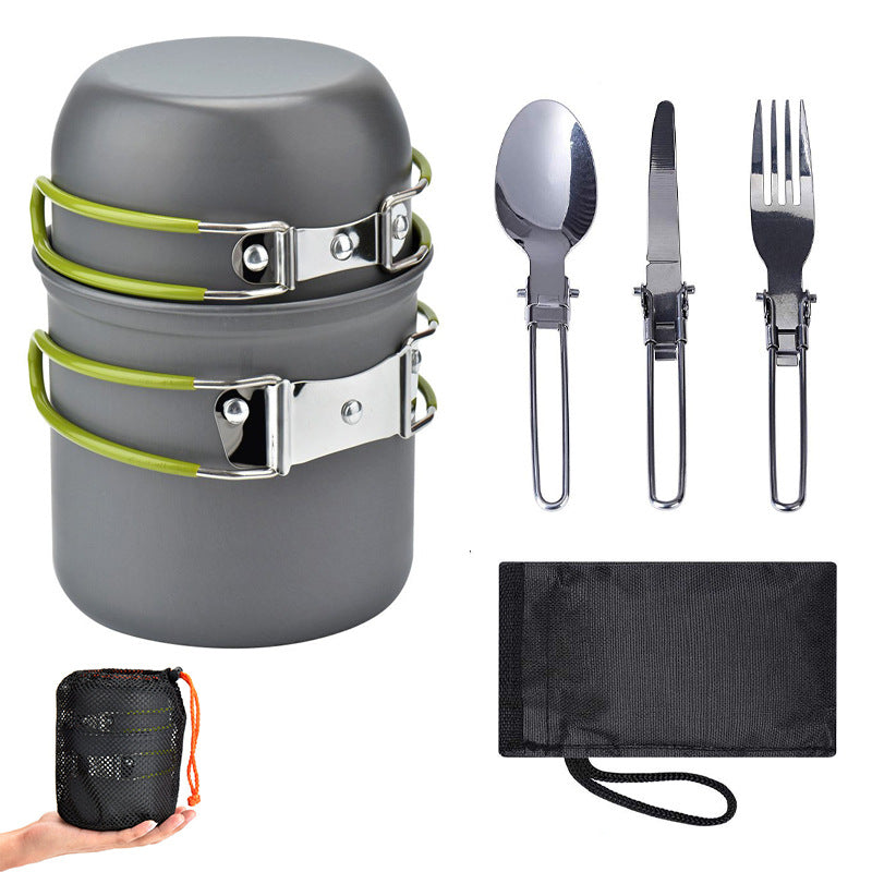 Green And Grey Compact Outdoor Camping Cookware Set with 410 Stainless Steel Utensils