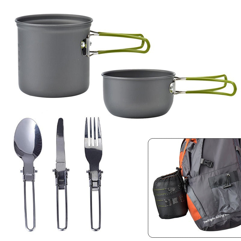 Green And Grey Compact Outdoor Camping Cookware Set with 410 Stainless Steel Utensils