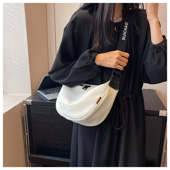 Off White With Black Suspenders Large Capacity Canvas Shoulder Bag - Casual Crossbody Dumpling Bag