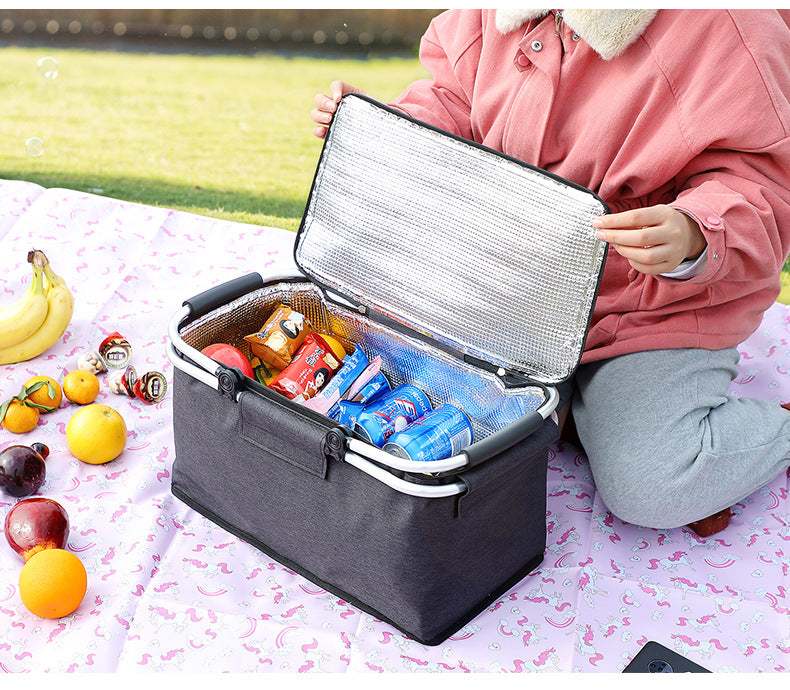 Insulated Picnic Basket with Aluminum Frame - Portable Collapsible Cooler Bag 18L 40*20*23cm(Red plaid)