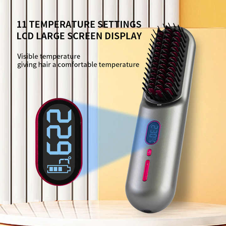 Black Rechargeable Portable Ionic Hair Straightening Comb - USB Wireless Travel Hair Style