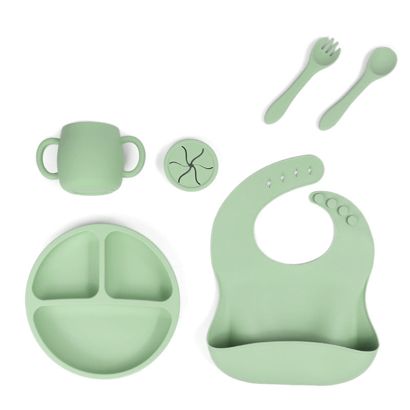 Green 095# Silicone Baby Feeding Set - Suction Plate, Bib, Cup & Utensils | BPA-Free Baby Tableware