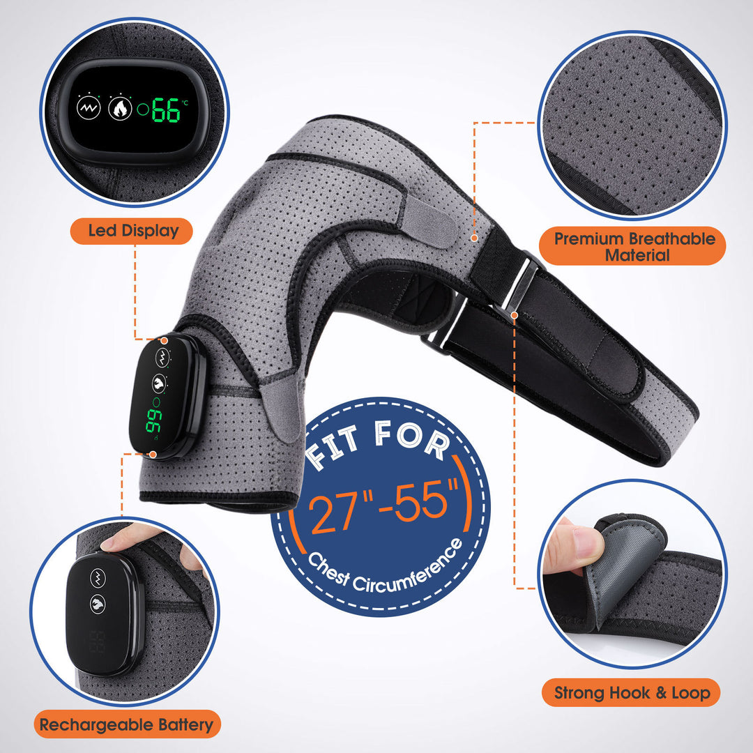 Gray Rechargeable Heated Shoulder Massager with LED Display - Adjustable Compression Wrap for Pain Relief and Relaxation