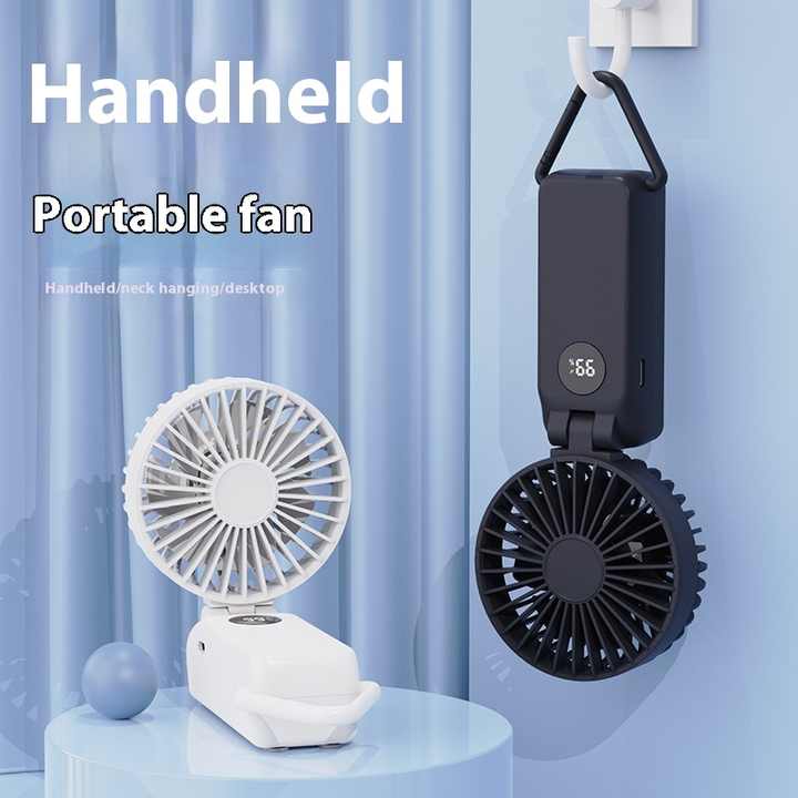 White Portable Handheld Fan with 2000mAh Battery - 3-in-1 Design for Desk, Handheld, and Hanging Use (Model Q3)