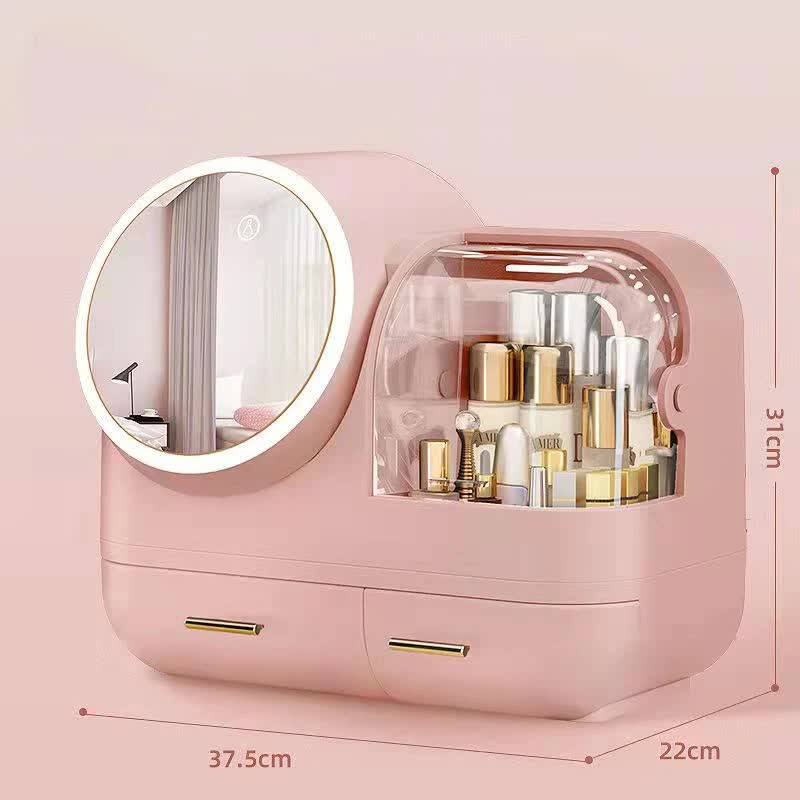 Pink LED Vanity Makeup Organizer with Partition Storage and Touch-Control Mirror - Large Capacity Cosmetic Box