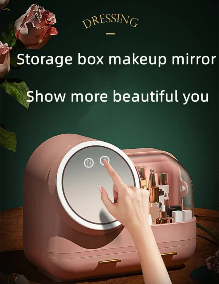 Pink LED Vanity Makeup Organizer with Partition Storage and Touch-Control Mirror - Large Capacity Cosmetic Box