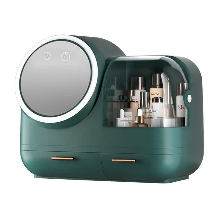 Green LED Vanity Makeup Organizer with Partition Storage and Touch-Control Mirror - Large Capacity Cosmetic Box