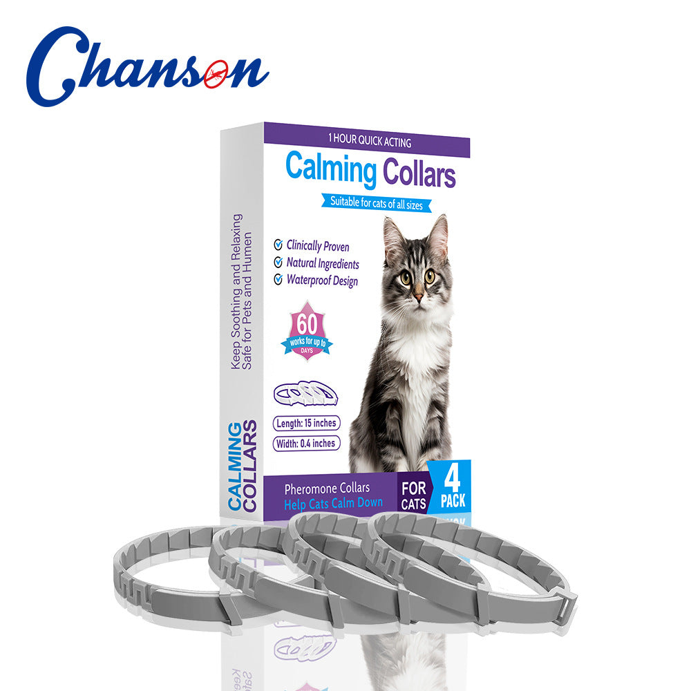 Gray Calming Collars for Cats - Natural Anxiety Relief, Adjustable, 4 Pack