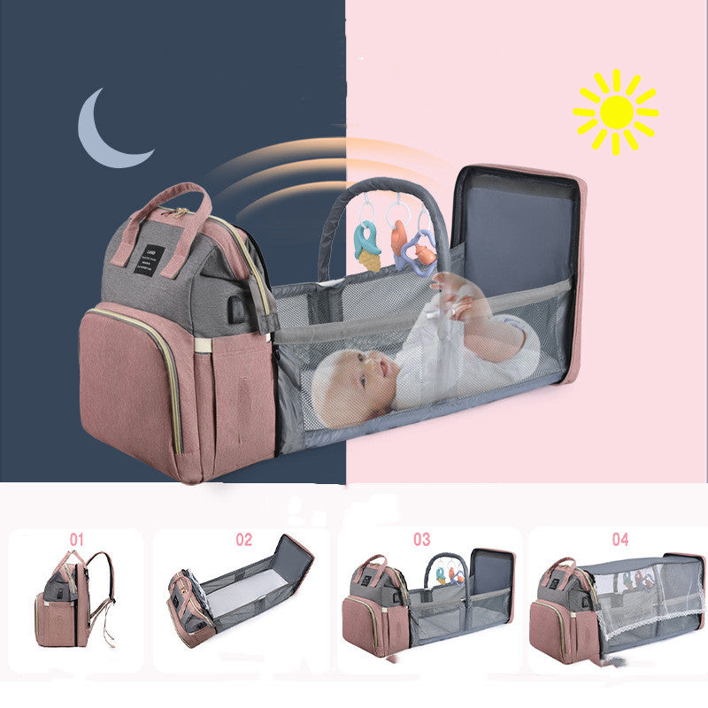 Multifunctional Diaper Backpack with Mosquito Net and Insulated Pockets - Pink and Grey