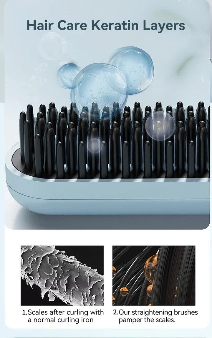 Cordless Hair Straightener Brush with Adjustable Temperature - Blue