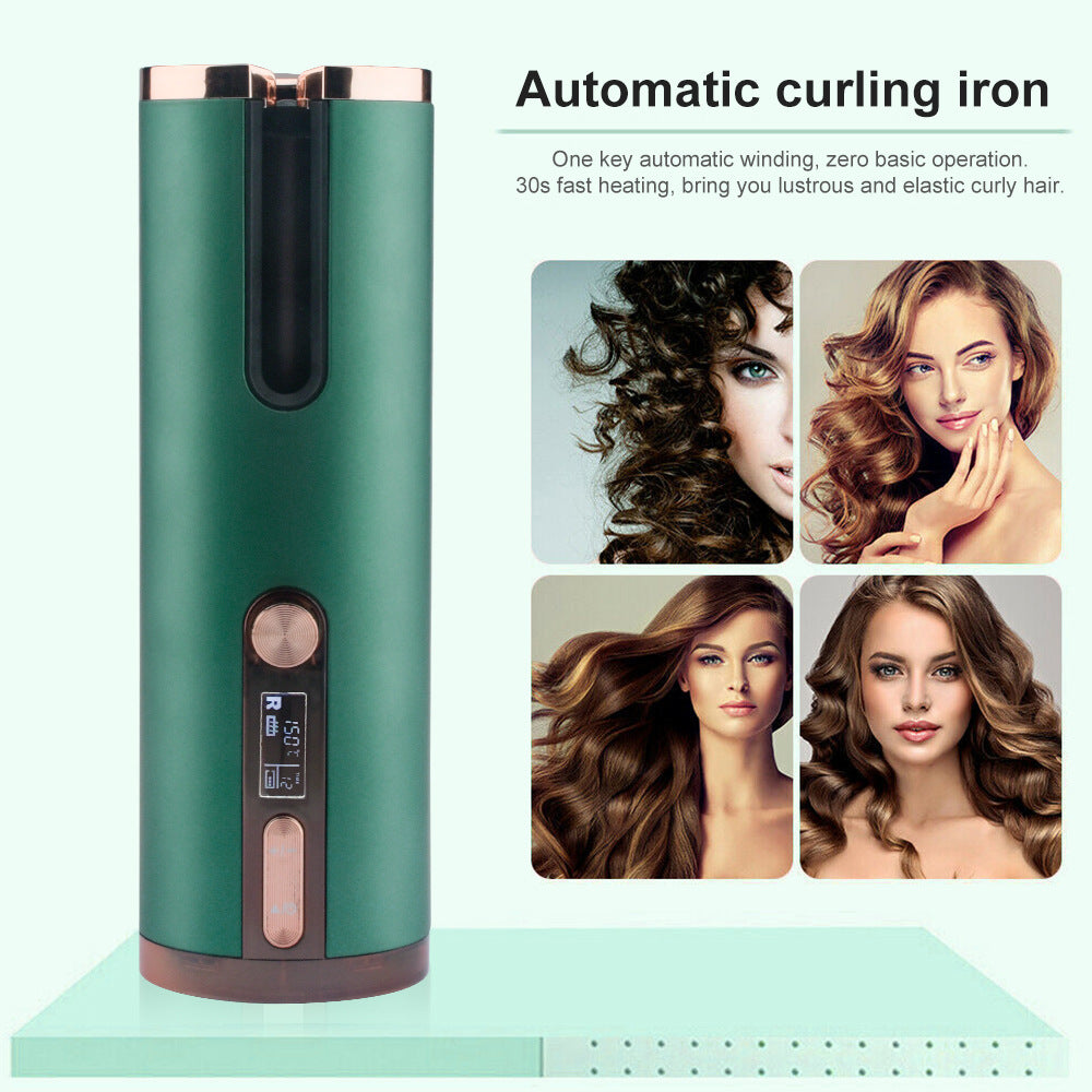 Cordless Automatic Hair Curler with Adjustable Temperature - Green