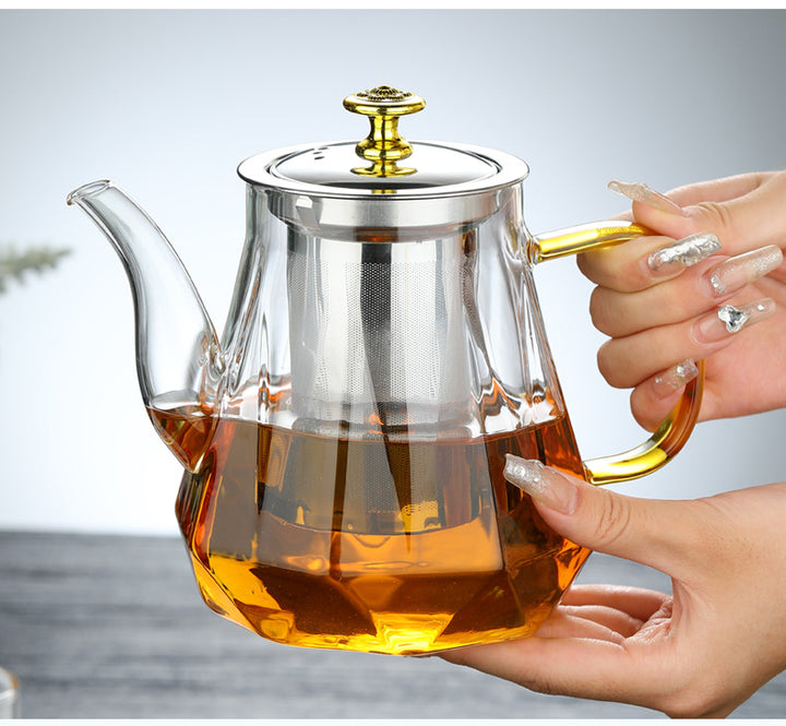 Elegant Glass Teapot with Gold Handle and Stainless Steel Infuser - 1000ml Capacity