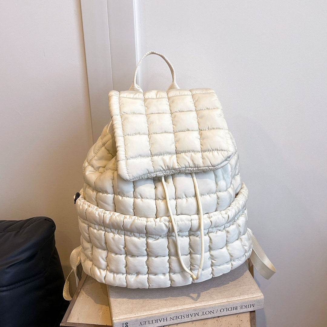 Lightweight Quilted Nylon Backpack with Adjustable Straps - Ivory White