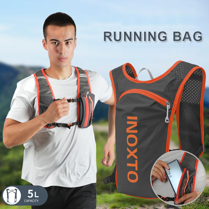 Lightweight Hydration Running Vest with 5L Capacity and Reflective Strips, Gray backpack with orange text