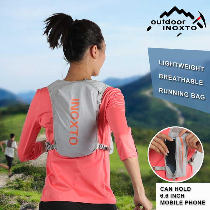 Lightweight Hydration Running Vest with 5L Capacity and Reflective Strips, Gray backpack with orange text