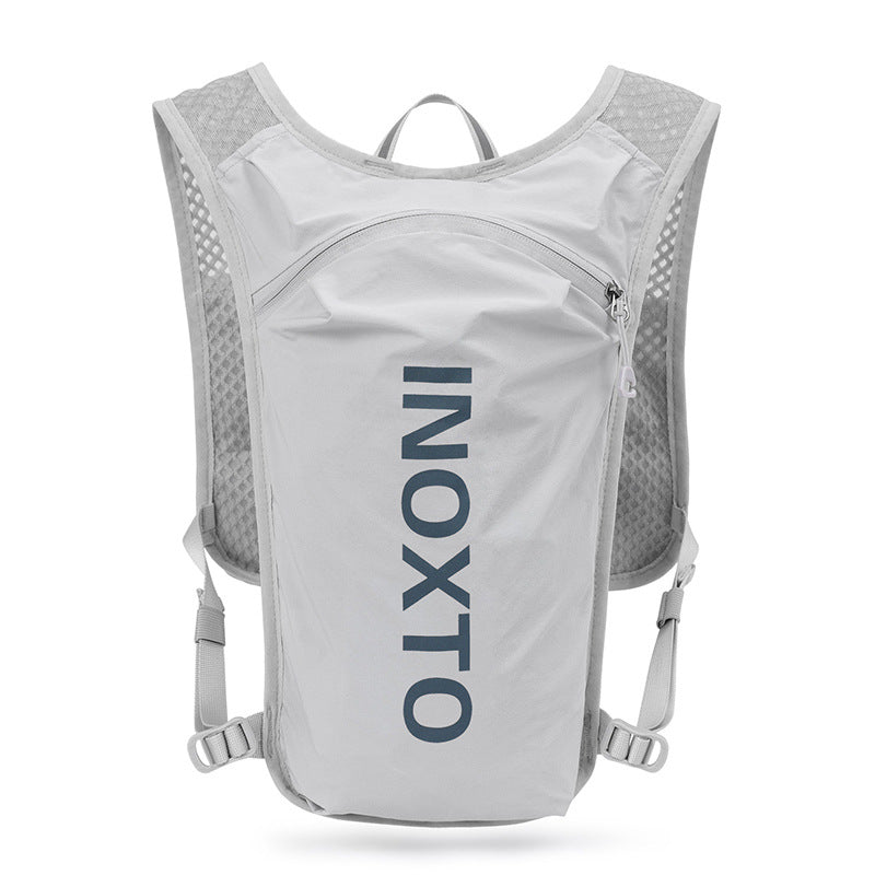 Lightweight Hydration Running Vest with 5L Capacity and Reflective Strips, Gray backpack with Dark blue text