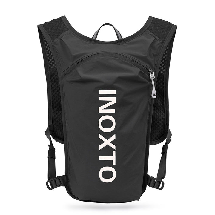 Lightweight Hydration Running Vest with 5L Capacity and Reflective Strips, Black backpack with white text