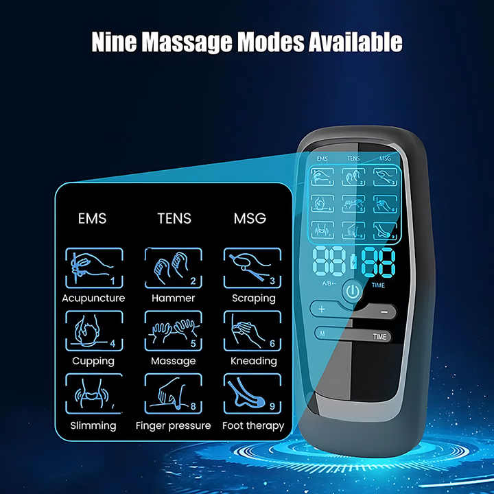 Dual Output EMS/TENS Massage Device with 9 Modes and Type-C Charging, (8 Adhesive Pads)